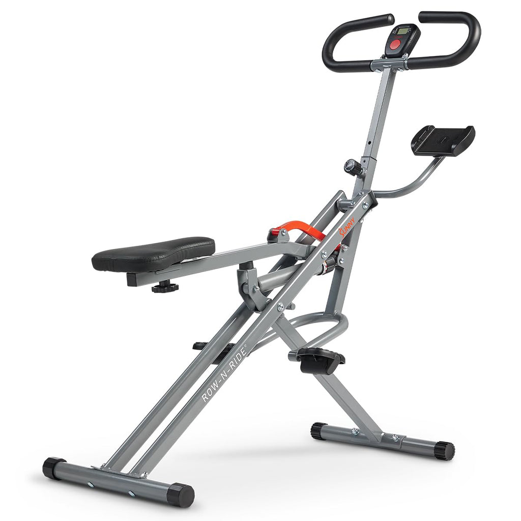Sunny Health & Fitness Row-N-Ride PRO, Full Body Combo Squat Machine w/Optional Resistance Band, Easy Setup Ab Workout Exercise Equipment for Home, Whole Body Cardio, Optional SunnyFit App Connection