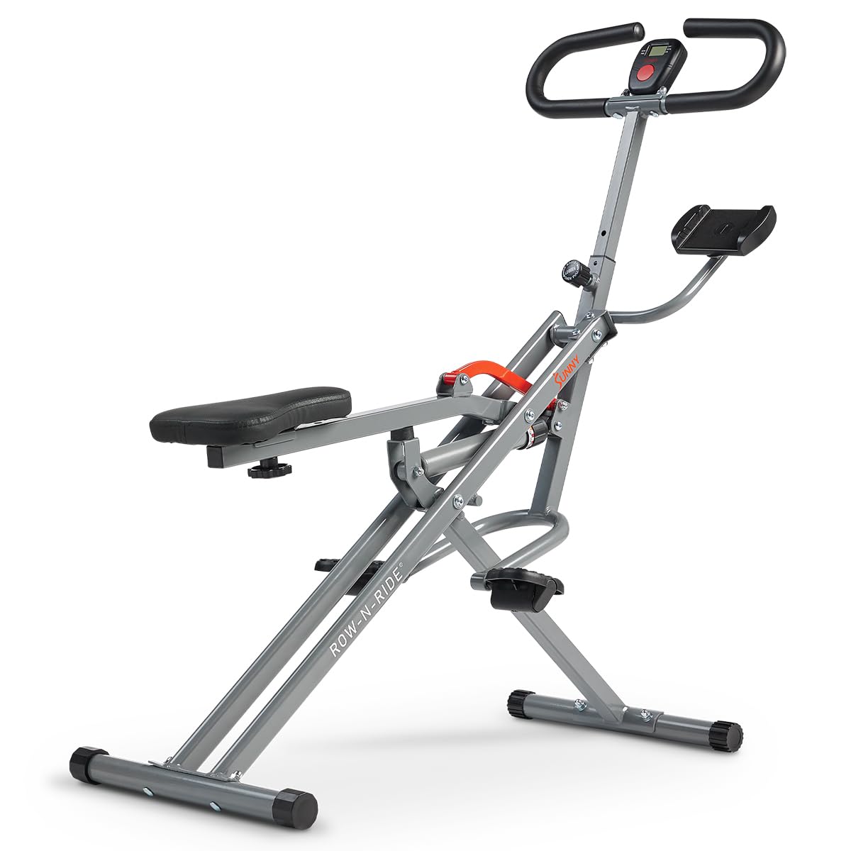 Sunny Health & Fitness Row-N-Ride PRO, Full Body Combo Squat Machine w/Optional Resistance Band, Easy Setup Ab Workout Exercise Equipment for Home, Whole Body Cardio, Optional SunnyFit App Connection