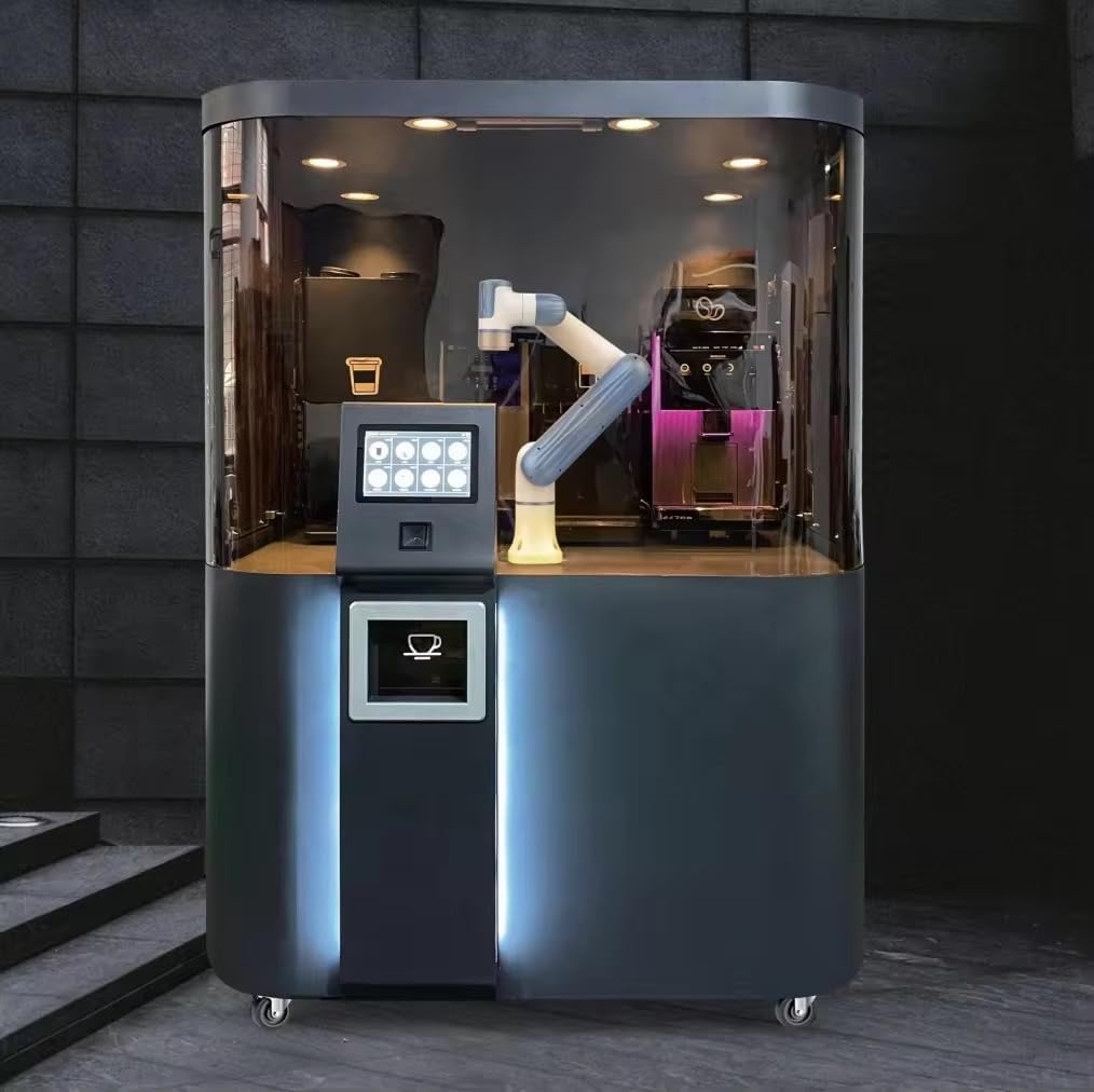 Automated Robotic Coffee Kiosk, Commercial Barista Machine with Touch Display, LED Lighting, Mobile Design