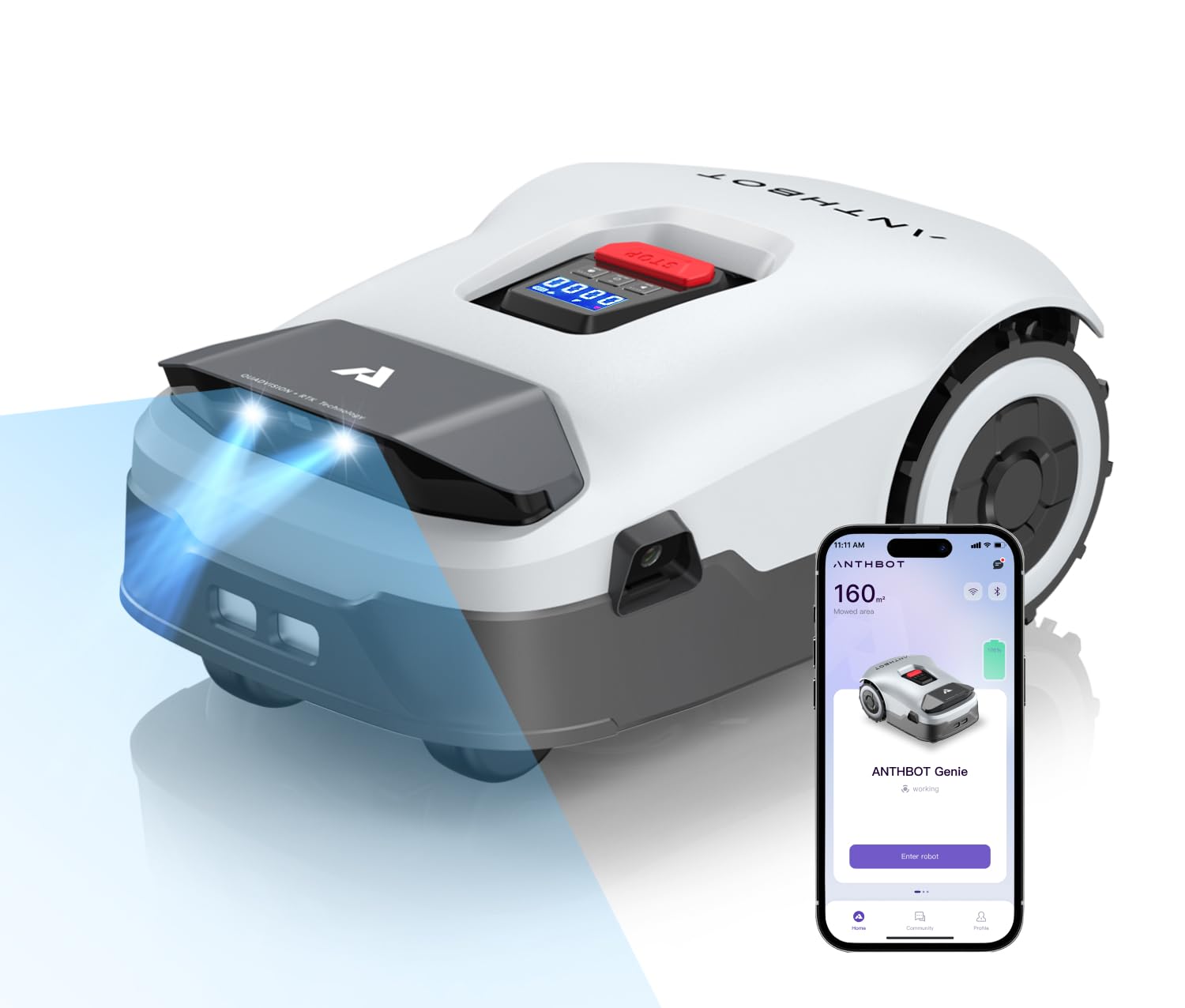 ANTHBOT Genie3000 Robot Lawn Mower - NO Wire, Full Band RTK+4-Eye Vision Robotic Lawnmower for 3/4 Acre, Auto Mapping, Multi-Zone Management, Accurate Obstacle Avoidance, Intelligent Path Planning