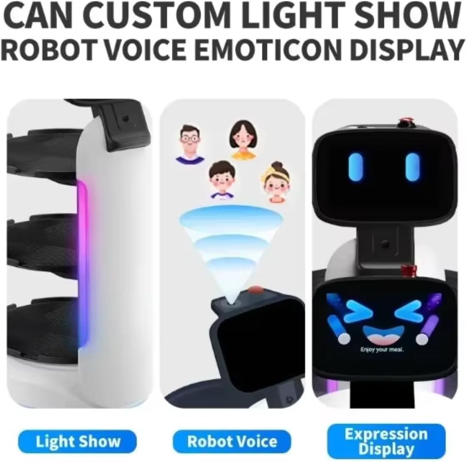 Humanized Delivery Robot with Smart Table Locator System, Shock-Absorbing Structure & Precise Speed, Multi-Table Service Robot for Restaurant Hotel, Auto Charge & Long Working Time