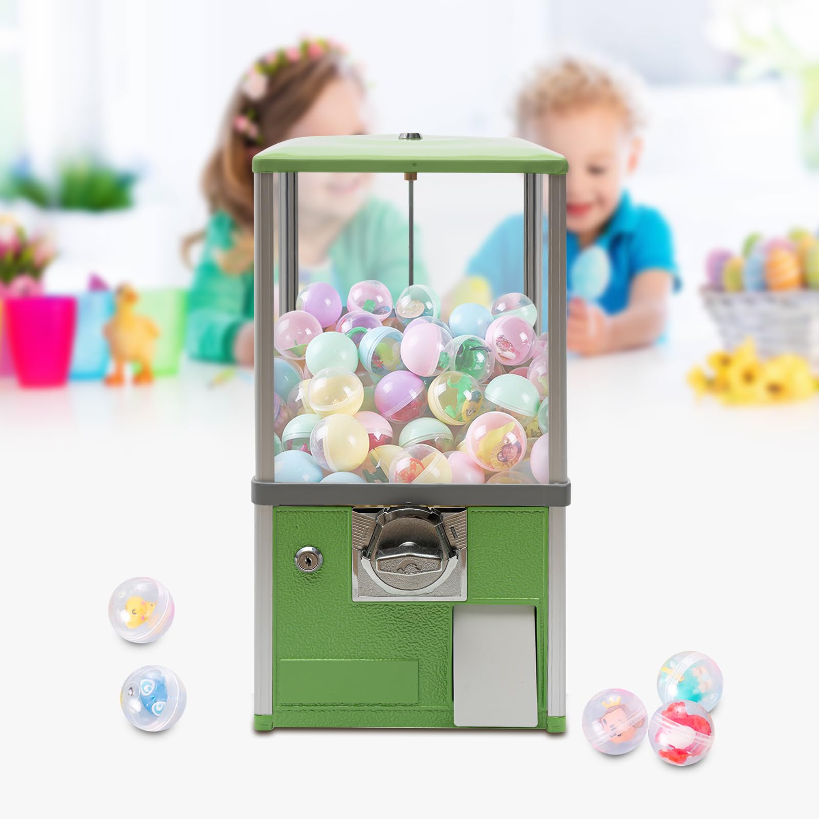 25 Cents Coin Operated Vending Machine, Capsule Vending Machine for Kids, Commercial Toy Vendor with Key Lock, Bubble Gum Ball Dispenser for Arcades Retail Stores, 1.77-1.97in Toys (Green)