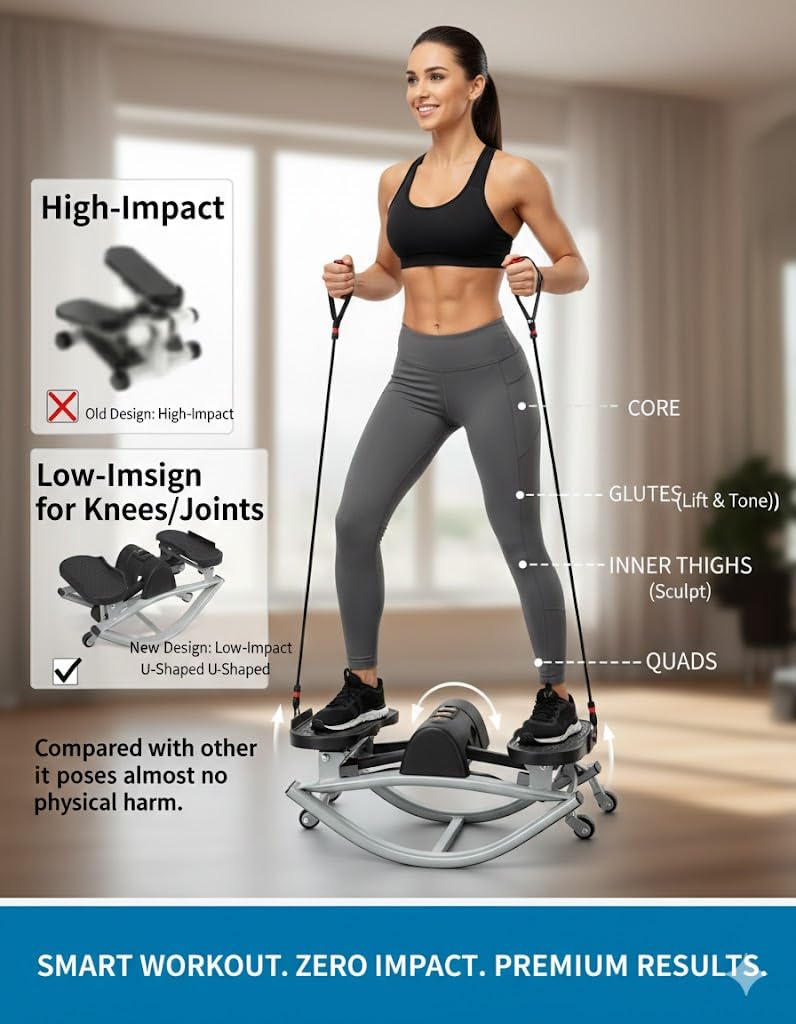 Woodye Lateral Thigh Trainer & Ski Simulator - U-Shaped Side Stepper for Home Workout, Quiet Glide Sculpting Machine for Glutes & Inner Thighs, Resistance Bands & Mat Included
