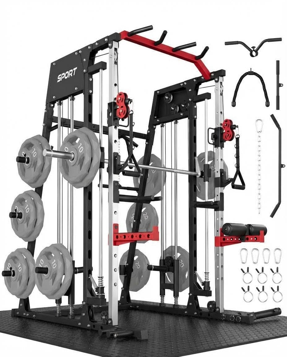 Smith Machine Home Gym, 2200LB Power Cage with Dual Pulley Cable Systems, LAT Pull-Down, Leg Hold-Down & 20+ Attachments for Full Body Workouts