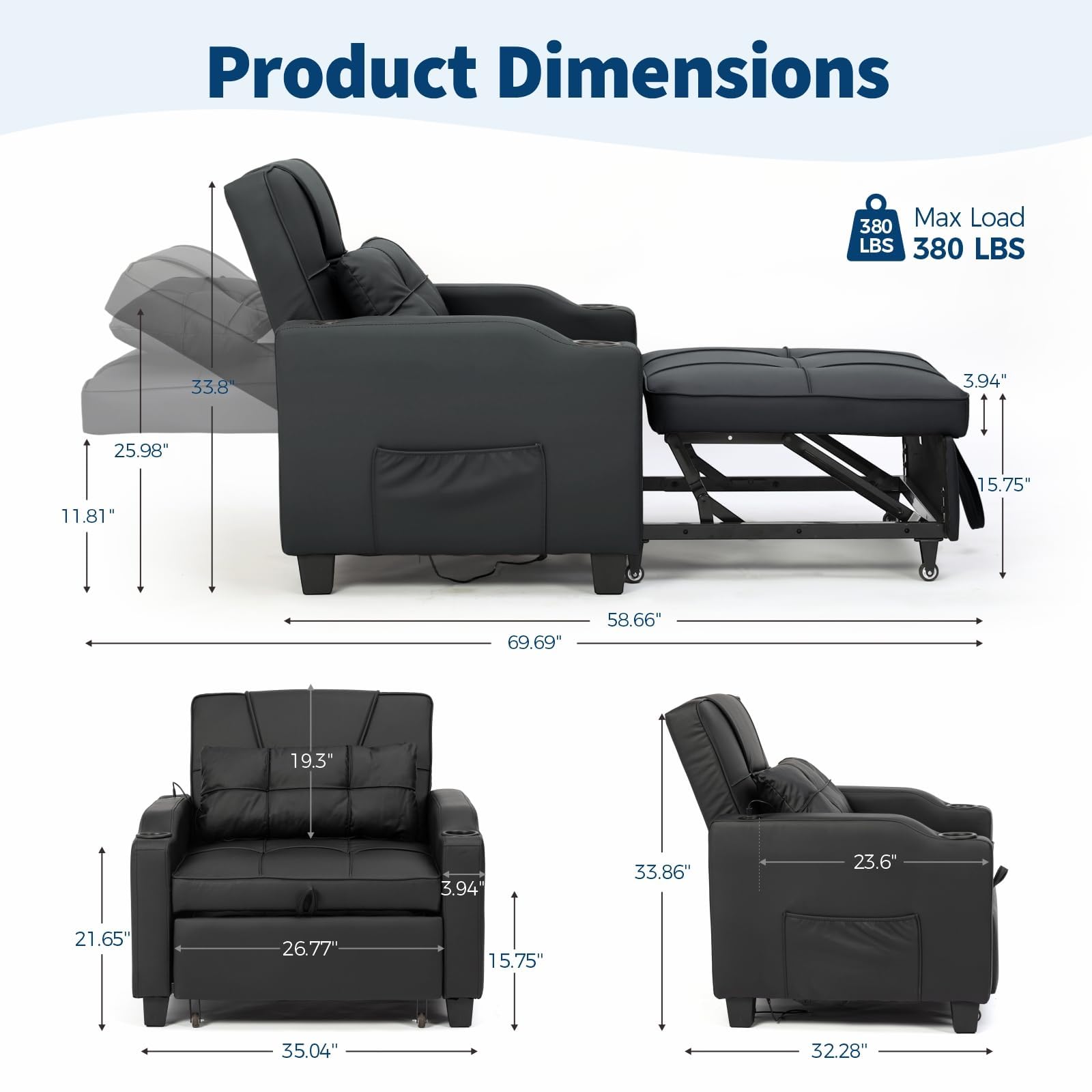 Sleeper Chair Pull Out Bed, 4 in 1 Convertible Sofa Chair Bed with Vibration Massage Lumbar Pillow, Single Sofa Recliner with USB/Type-C Port, Cup Holders and Side Pocket for Small Spaces (Brown)