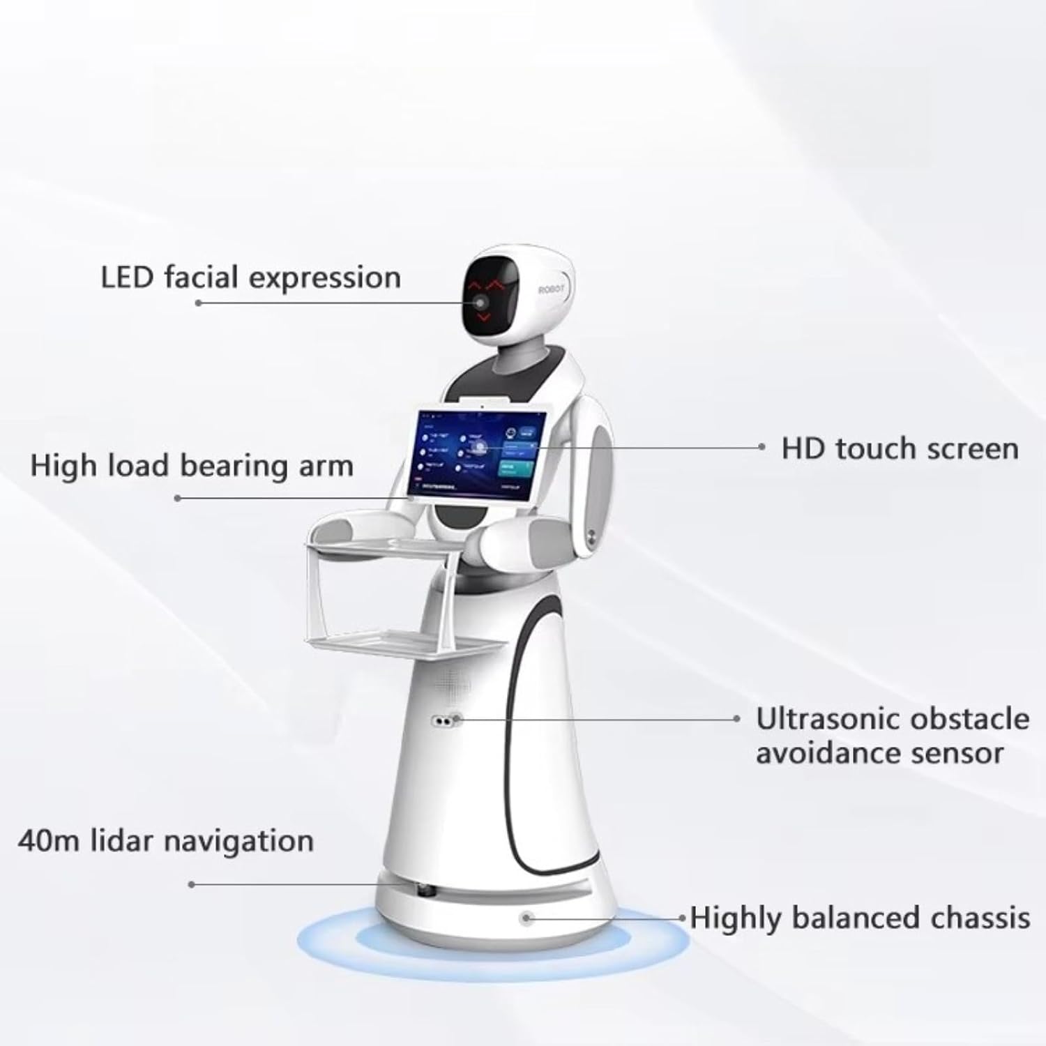 Restaurant Delivery Robot with Smart Navigation and Autonomous Obstacle Avoidance, AI Service Robot with Dual Tray, Touch Screen and Voice Assistant for Restaurant Hotel Cafe Hospitality Service