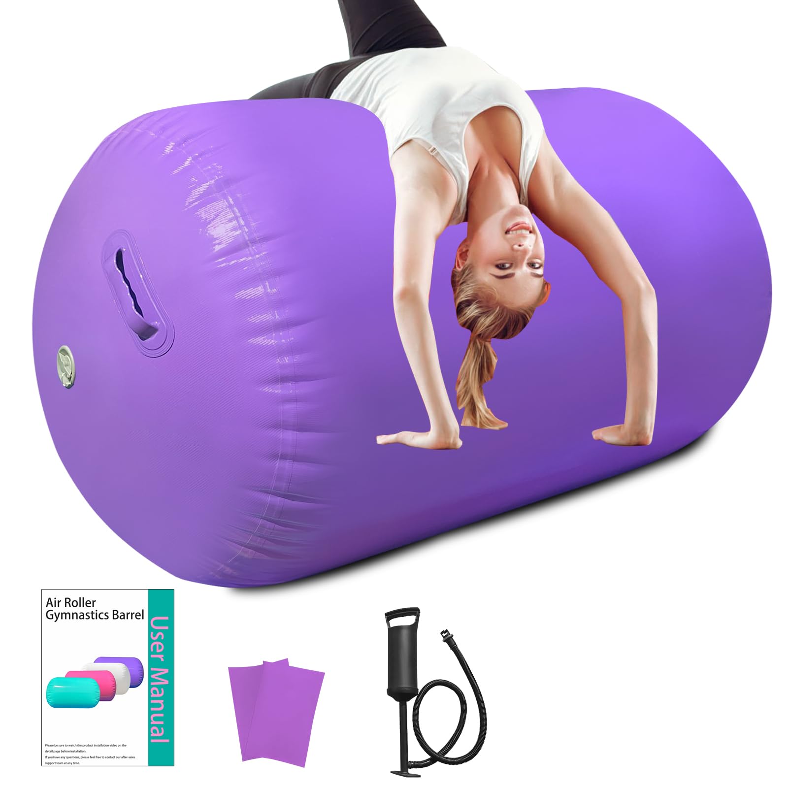 Air Roller Gymnastics Barrel, Inflatable Tumbling Equipment for Girls, Back Handspring & Backbend Trainer Mat for Cheerleading & Home Practice (Includes Manual Air Pump)