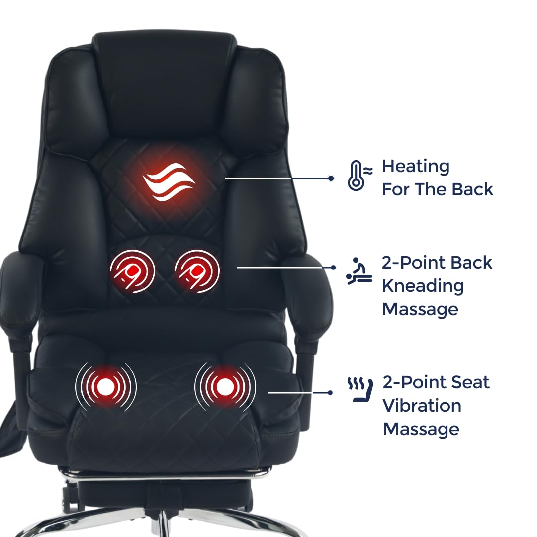 Ergonix Massage Office Chair with 2-Point Kneading & Heat | Reclining Ergonomic Executive Desk Chair | Adjustable Height Footrest Lumbar Support | 500 lbs Capacity | Dark Brown Leather