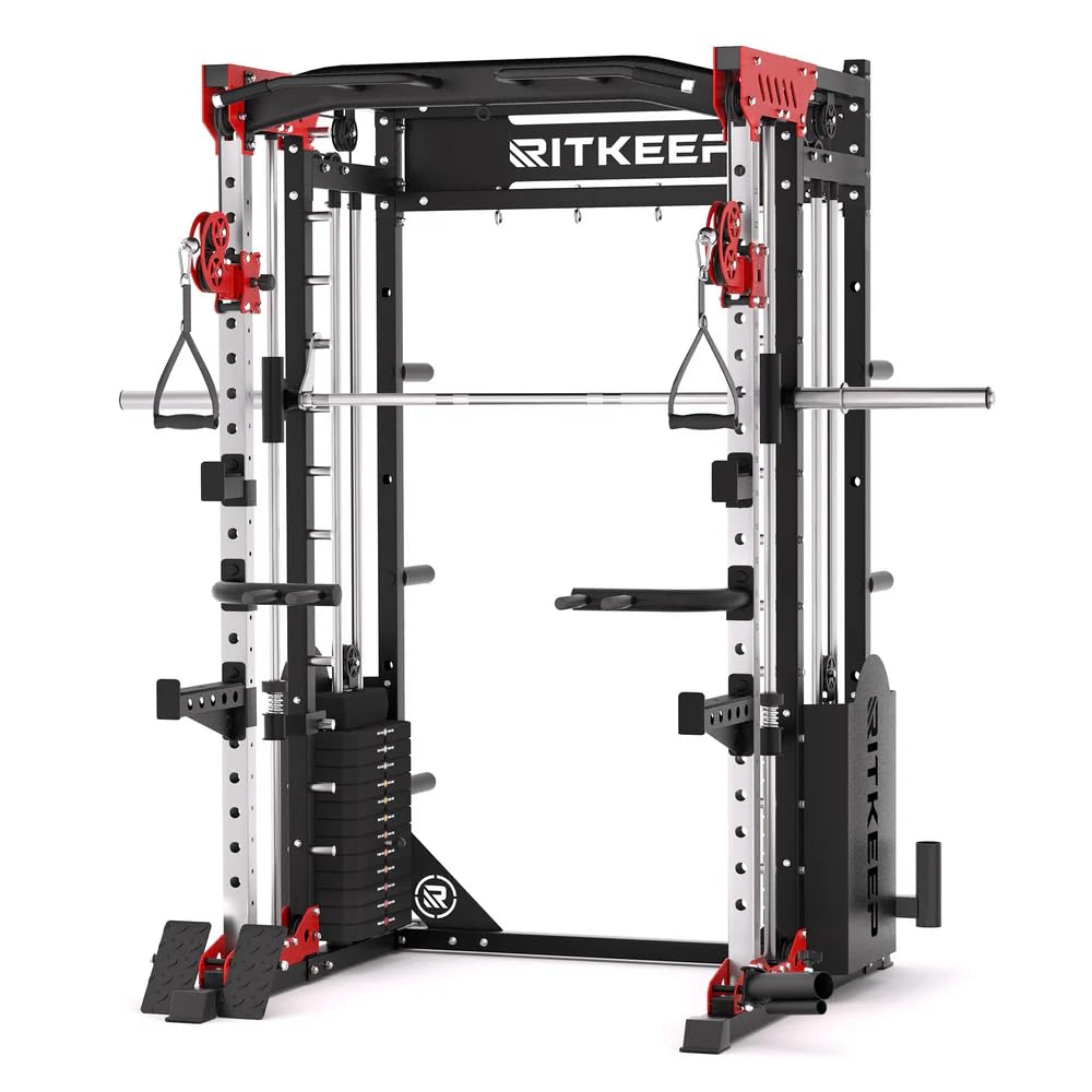 RitKeep PMAX-5600 Pro Heavy-Duty Smith Machine Squat Rack with 320 LB Weight Stacks, 6-in-1 Multi-Function Home Gym System, Dual Cable Crossover and 2000 LB Capacity for Full-Body Strength Training