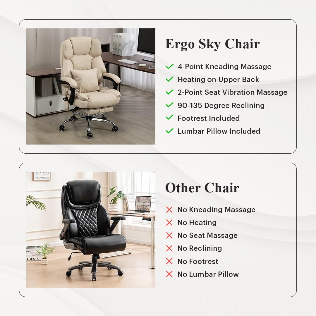 Ergonix Massage Office Chair with 2-Point Kneading & Heat | Reclining Ergonomic Executive Desk Chair | Adjustable Height Footrest Lumbar Support | 500 lbs Capacity | Dark Brown Leather