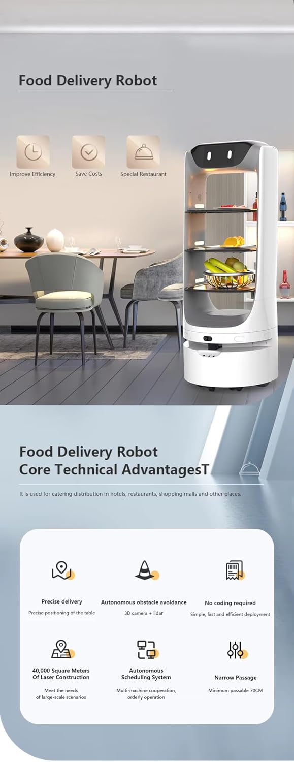 Food Delivery Robot for Restaurants & Hotels – Smart Waiter Robot, Autonomous Indoor Navigation, Large Tray Capacity, Self-Charging, Automatic Obstacle Avoidance, Multi-Coordination