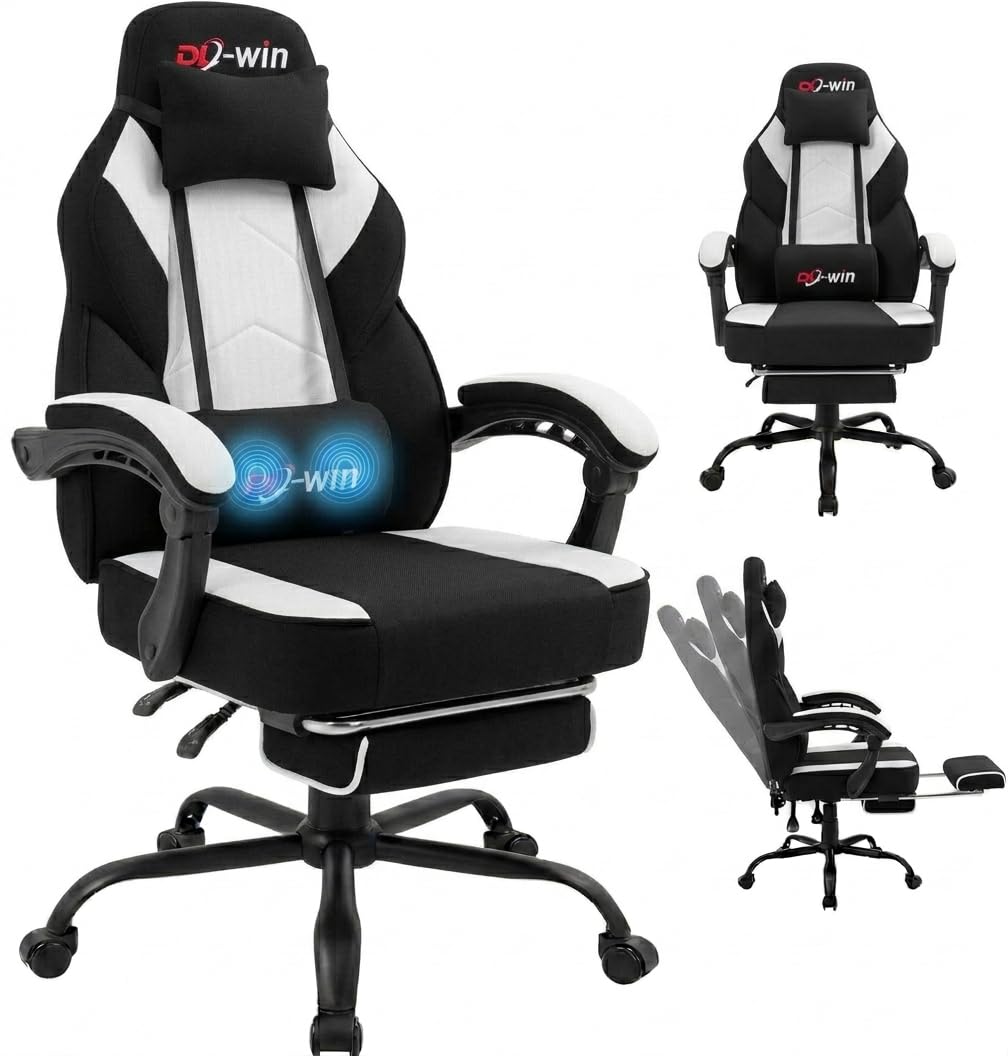 Shintenchi Big and Tall Gaming Chair Fabric Pocket Spring Cushion,High Back Recliner with Footrest and Headrest for Adults, Massage Lumbar Support for Home Office, Ergonomic Computer Desk Chair, Blue