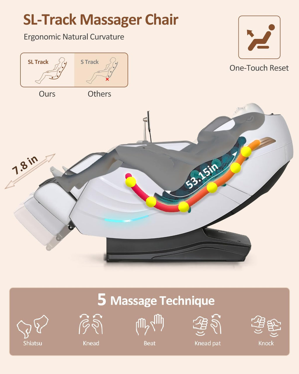 RELX Massage Chair Full Body, 20 Modes Zero Gravity SL-Track Shiatsu Massage Chair Built-in Heat System, Airbag Massage with Body Scan, Deep Yoga Stretch, Calfrest Extension and AI Control(Cream)
