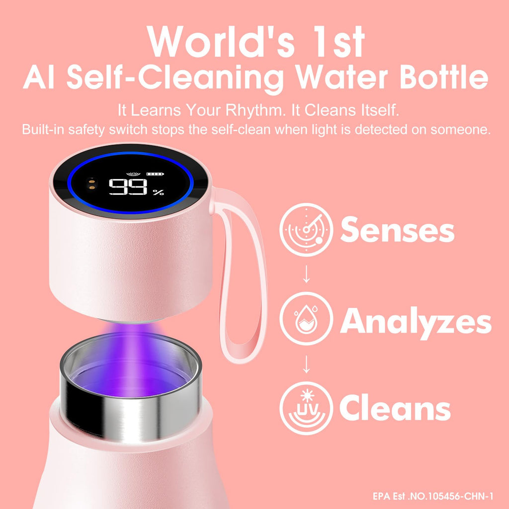 VSITOO 15oz Mini Smart Water Bottle，Self-Cleaning Insulated Bottle, Small Thermoses with AI, App & Touchscreen, Perfect Purse Water Bottle for Travel, Gym & Office, Pink