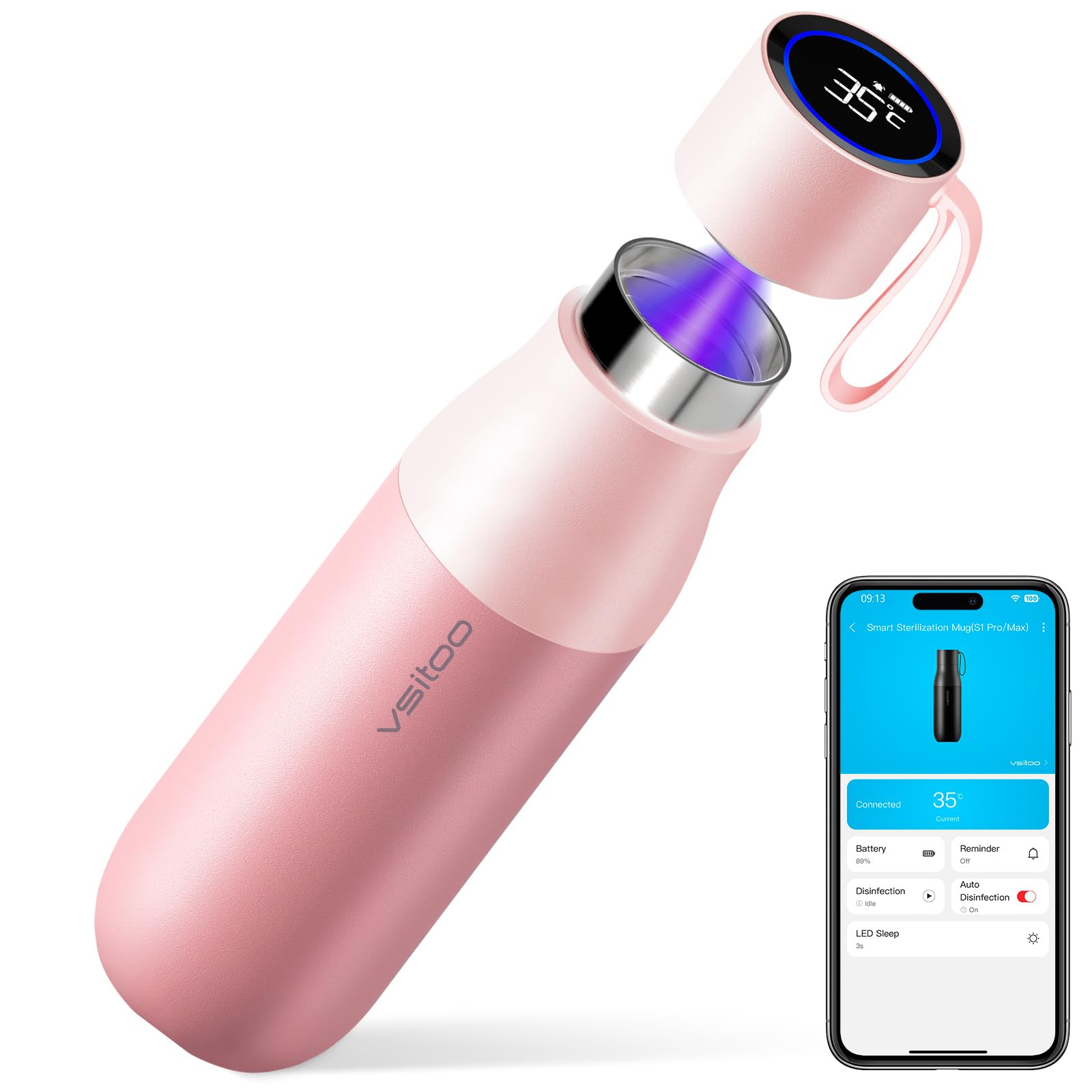 VSITOO 15oz Mini Smart Water Bottle，Self-Cleaning Insulated Bottle, Small Thermoses with AI, App & Touchscreen, Perfect Purse Water Bottle for Travel, Gym & Office, Pink