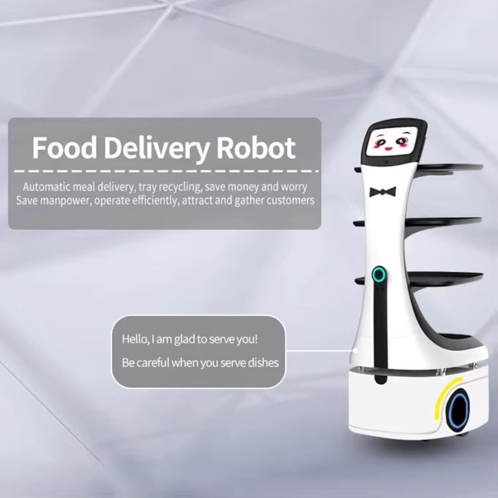 Intelligent Delivery Robot with HD Advertising Screen, Adjustable Suspension & Precise Speed Control, Spill Proof Tray for Restaurant Hotel, Auto Charging & Autonomous Cruise Service