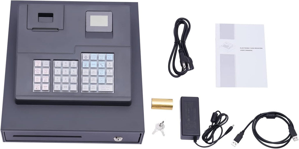ECR600 Cash Register 38 Keys POS Cash Register for Small Businesses ATM Machines for Sale, Quick Load Thermal Printer, Compact Size, Cash and Coin Drawer, Black