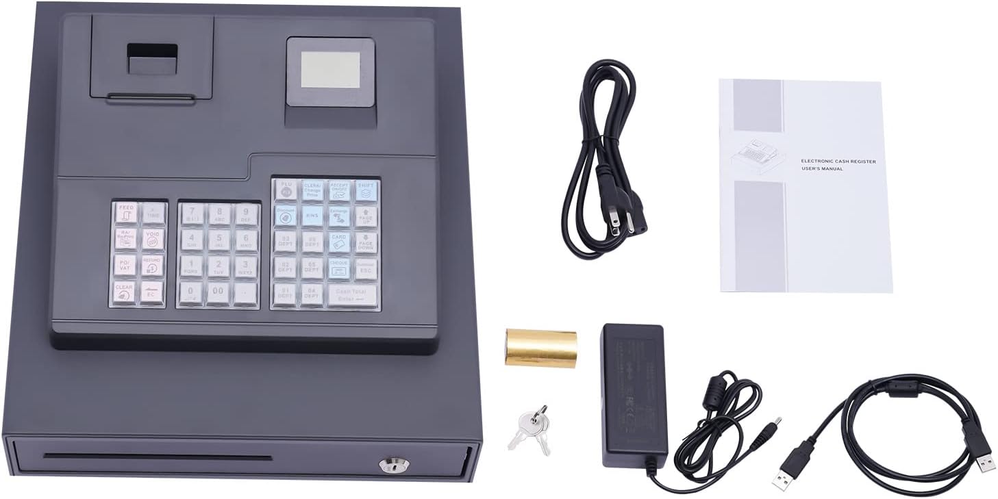 ECR600 Cash Register 38 Keys POS Cash Register for Small Businesses ATM Machines for Sale, Quick Load Thermal Printer, Compact Size, Cash and Coin Drawer, Black