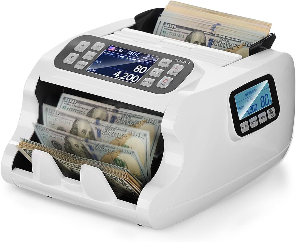 MUNBYN IMC22 Money Counter Machine Mixed Denomination, Dual-Display, CIS/UV/IR/MG Counterfeit Detection Bill Counter, USD, MXN, COP, CAD Cash Counter for Business, Merchant, 2Y Protect (White)