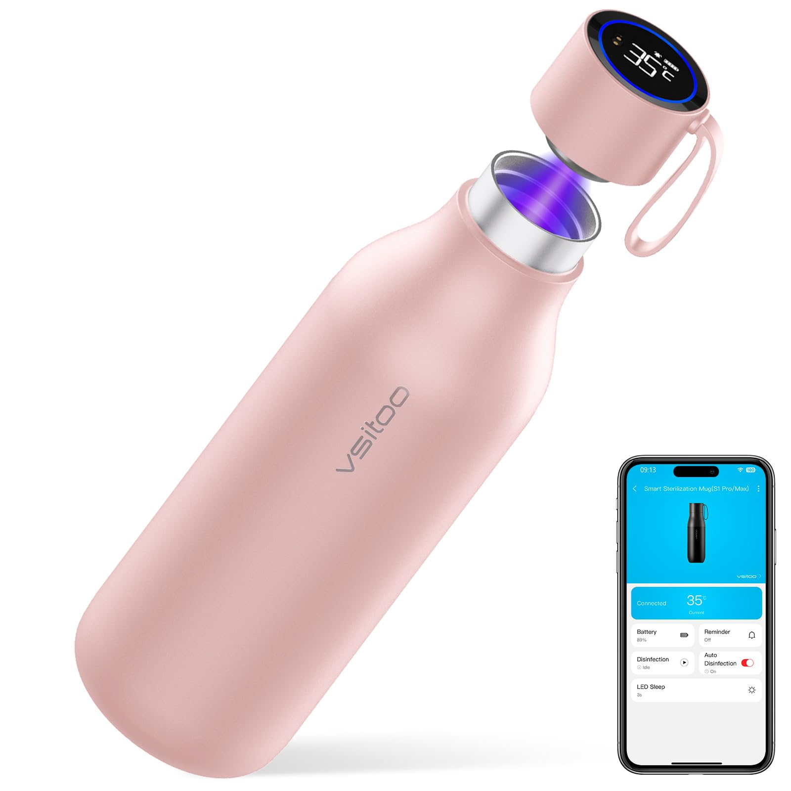 VSITOO 33oz Smart Self-Cleaning Water Bottle，Large Insulated Stainless Steel Bottle with AI Self-Clean, 30-Day Battery & Magnetic Charging for Outdoor Travel, Gym or Office, Pink