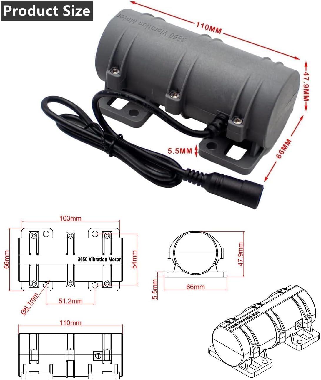 12V DC Motor 3800rpm Strong Vibration Industry Mini Vibration Motor with Sturdy Plastic Shell Rotary Speed Vibrating Motor for Massage Bed Chair Medical Instruments (12V Motor+Power)