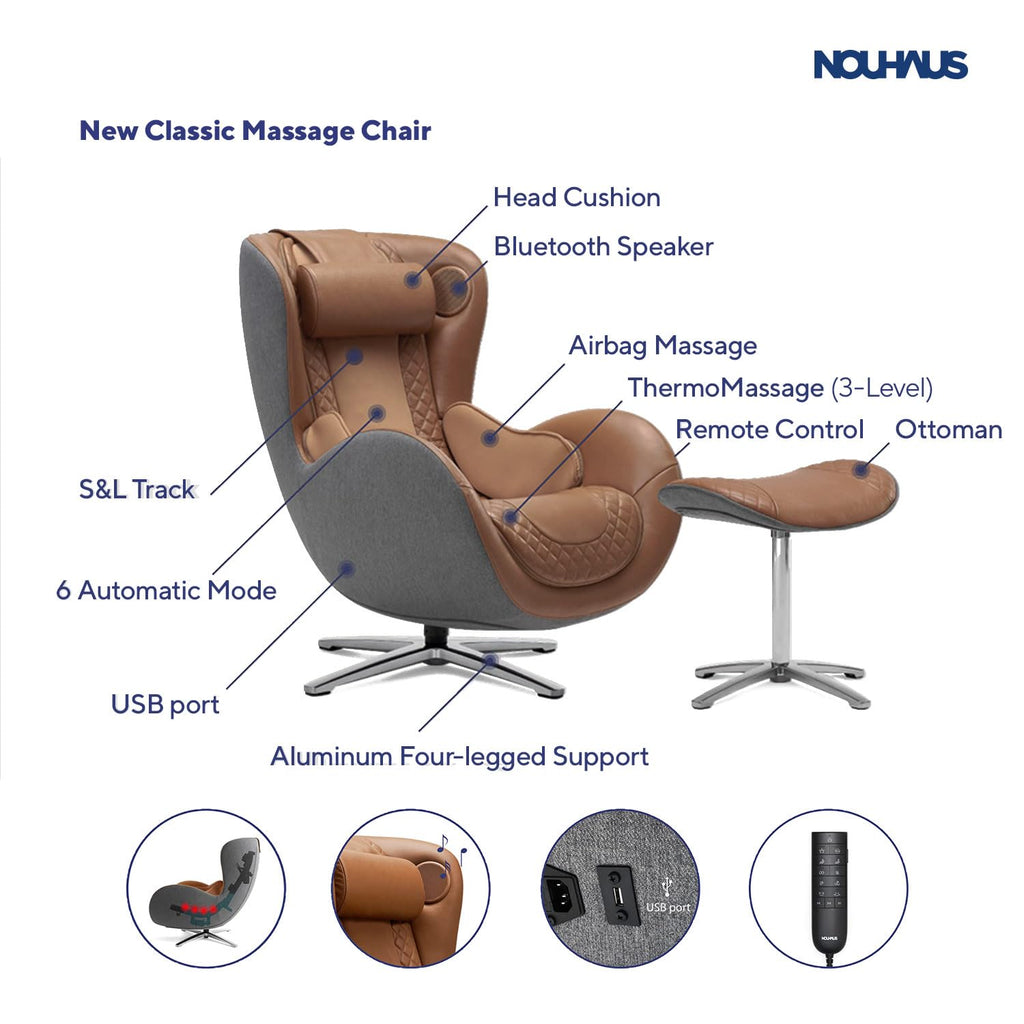 Nouhaus Classic Massage Chair with Ottoman – Caramel Leather Recliner with Percussive Shiatsu Massager, Built-in Speaker & Full Body Spot Massage – Ultimate Comfort for Home & Office