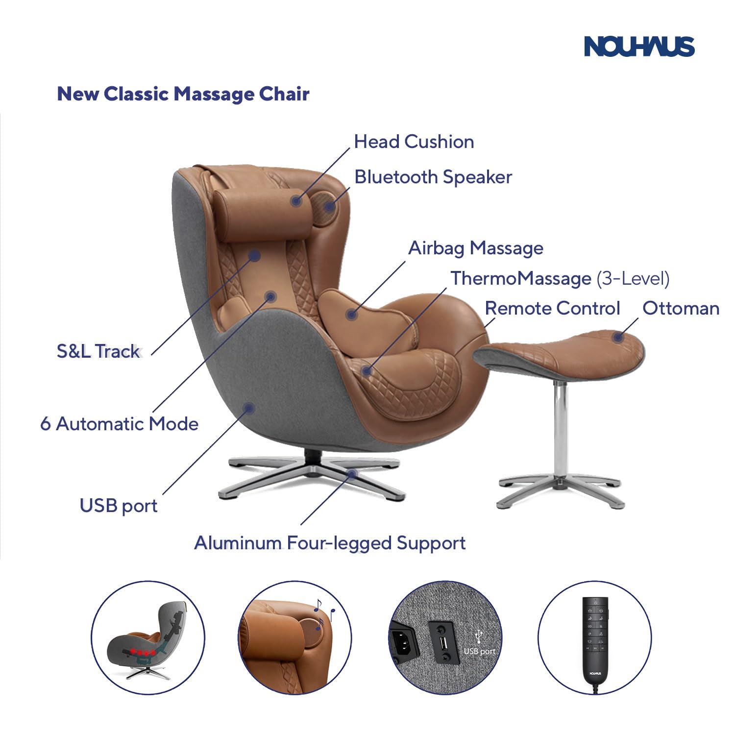 Nouhaus Classic Massage Chair with Ottoman – Caramel Leather Recliner with Percussive Shiatsu Massager, Built-in Speaker & Full Body Spot Massage – Ultimate Comfort for Home & Office