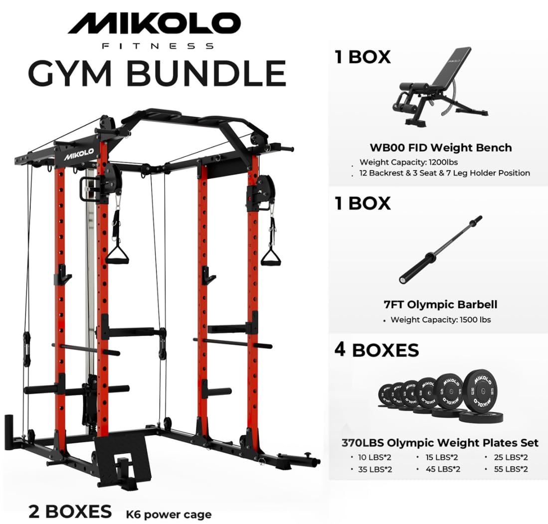 Mikolo Power Cage, Power Rack with Cable Crossover System, 1500LBS Squat Rack with LAT Pull Down System, Workout Cage with Pulley System for Fitness Home Gym