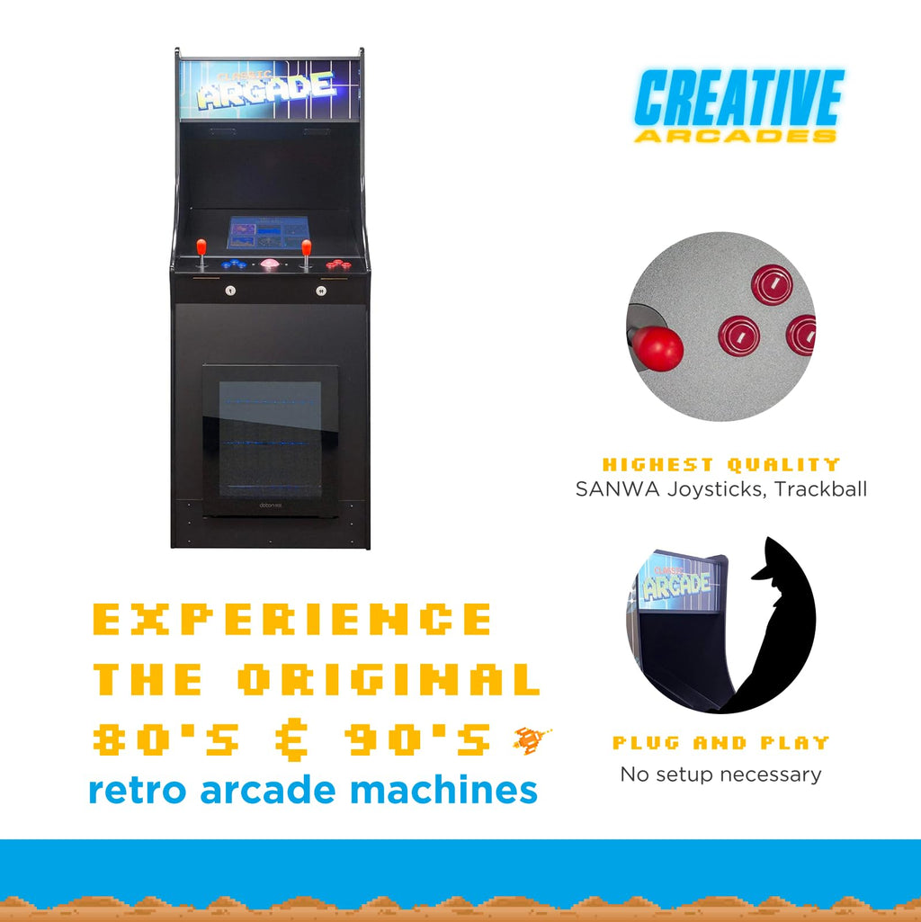 Creative Arcades Full Size Stand-Up Commercial Grade Arcade Machine | 2 Player | 412 Games | 22" LCD Screen | 2 Sanwa Joysticks | Trackball | Built-in Fridge | 2 Stools Included | 3 Year Warranty