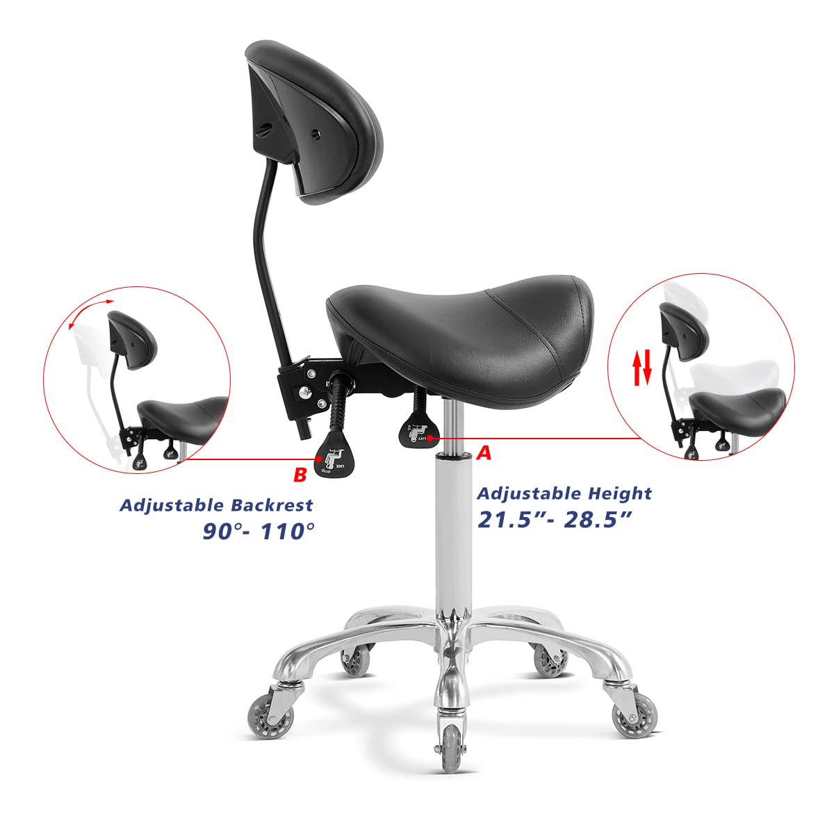 Antlu Saddle Stool Chair for Massage Clinic Spa Salon Cutting, Saddle Rolling Stool with Wheels Adjustable Height (Black)
