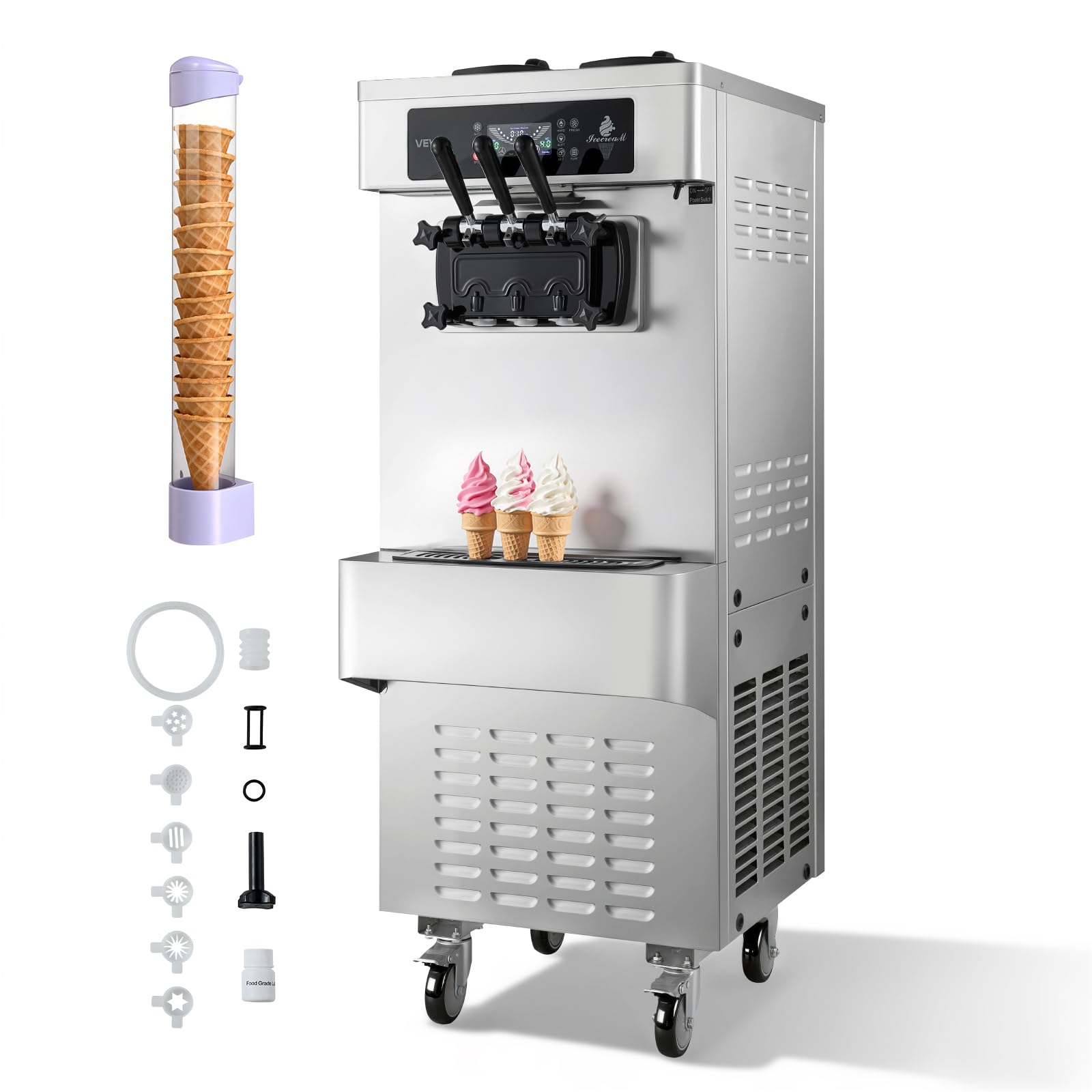 VEVOR Commercial Ice Cream Machine, 21 QT/H Soft Serve Ice Cream Maker with LCD Panel Auto Clean 3-Flavor Pre-cooling for Restaurant Snack Bar