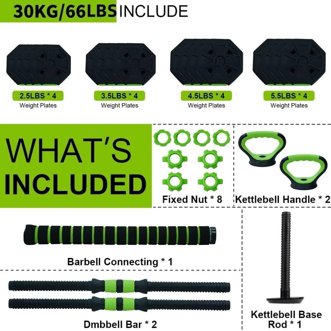 Adjustable Weight Set 66/88 Lbs, 4-in-1 Dumbbell Set and Barbell Weight Set for Home Gym, Converts to Kettlebell & Push-Up Stand, Free Weights Dumbbells Set for Men & Women Full Body Workout