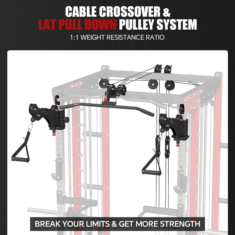 Commercial Smith Machine with Smith Bar, 4000LBS Power Cage Squat Rack with Lever Arm, Leg Press, LAT Pull Down System, Multi-Function Linear Bearing Cable Crossover Machine for Home Gym