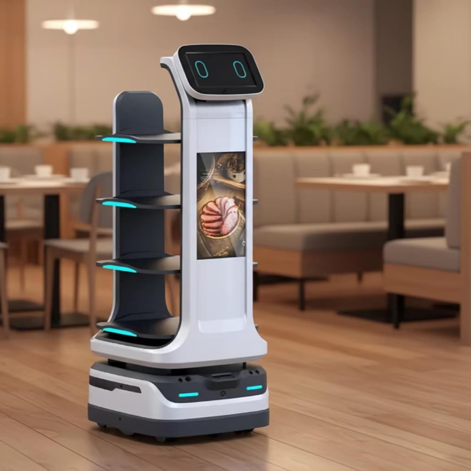 Multi-Scenario Food Delivery Robot Supporting Lift & Auto Door Pass, Long Runtime & Auto Charge, Delivery Robot with Non-Slip Tray for KTV Restaurant Hotel, Smooth Delivery with Flexible Suspension
