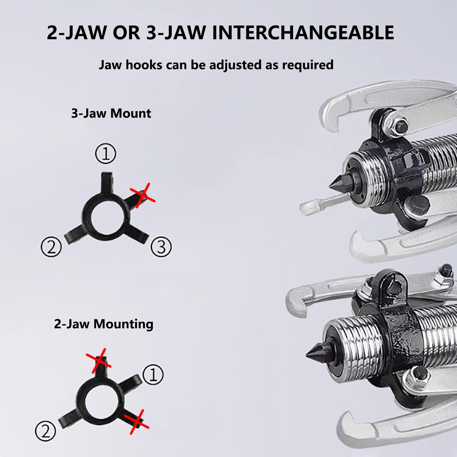 Hydraulic Gear Puller with Hand Pump, 5-50 Tons, 2 or 3 Jaws, for Separating Tools in Confined Spaces, Vertical and Horizontal Use