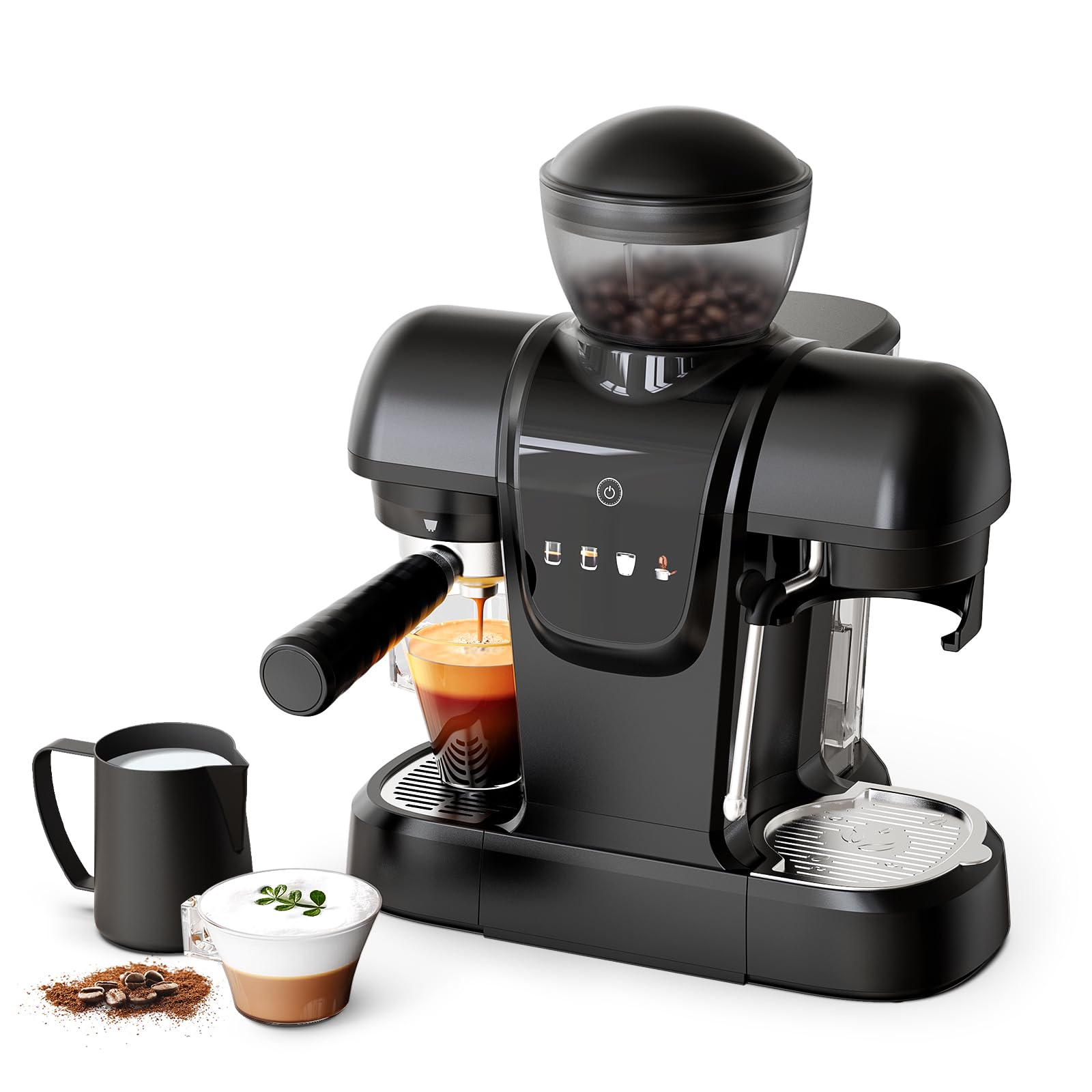 20 Bar Espresso Machine with Grinder & Steam Wand - Semi Automatic Coffee Maker, NTC Intelligent Temp Control, 58mm Stainless Steel Portafilter, One-Touch Panel for Home Barista (BLACK)