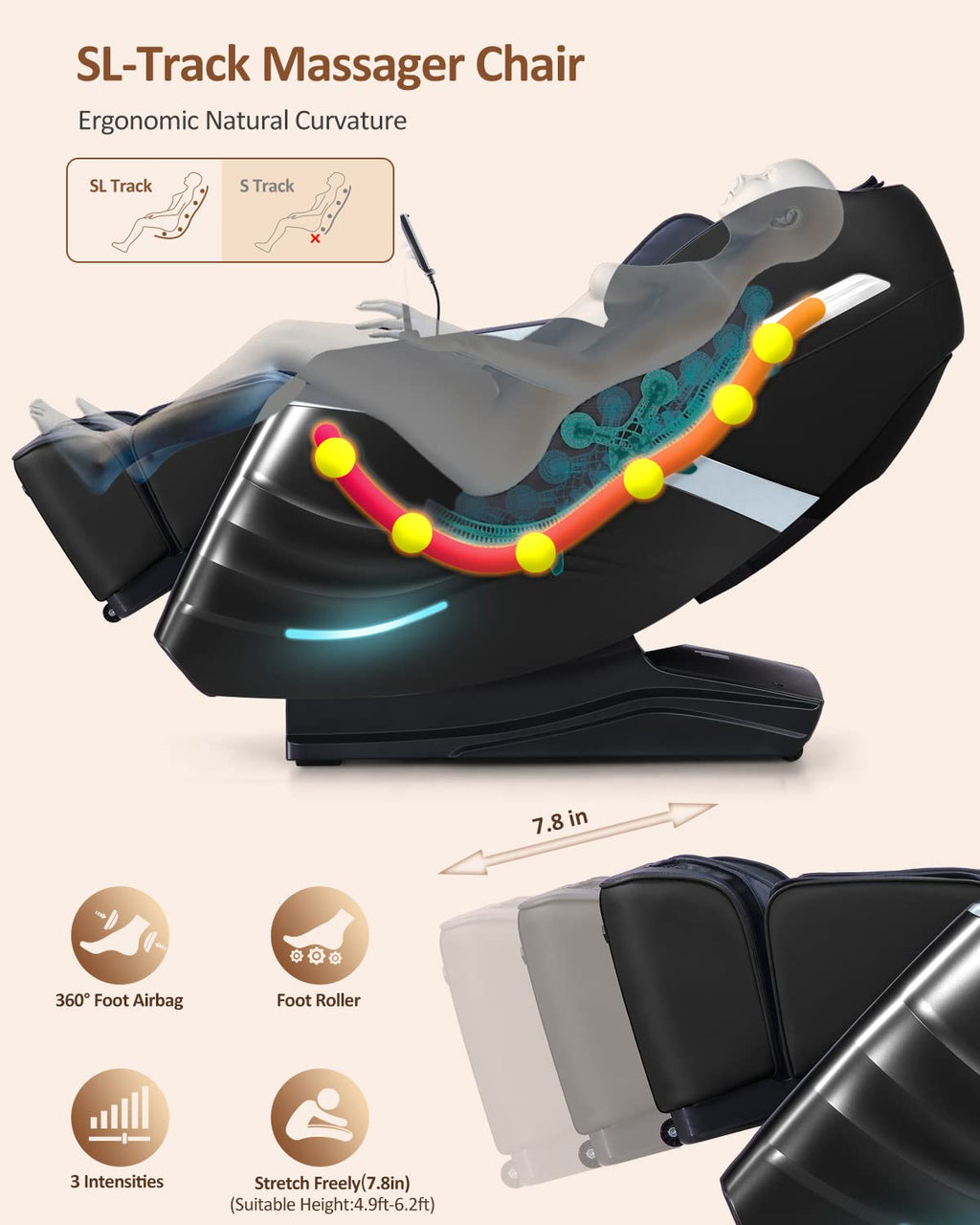 RELX Massage Chair Full Body, 20 Modes Zero Gravity SL-Track Shiatsu Massage Chair Built-in Heat System, Airbag Massage with Body Scan, Deep Yoga Stretch, Calfrest Extension and AI Control(Cream)
