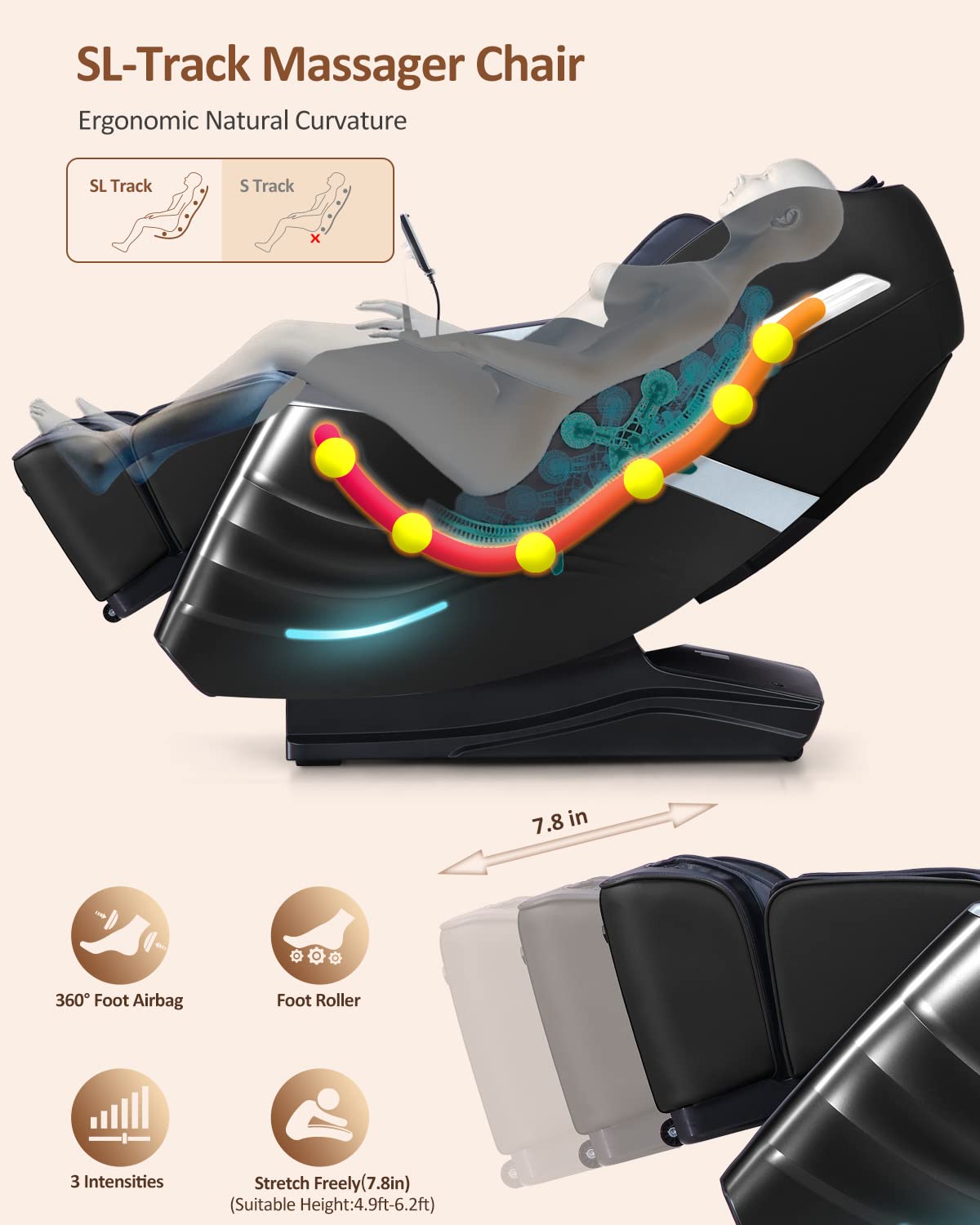 RELX Massage Chair Full Body, 20 Modes Zero Gravity SL-Track Shiatsu Massage Chair Built-in Heat System, Airbag Massage with Body Scan, Deep Yoga Stretch, Calfrest Extension and AI Control(Cream)
