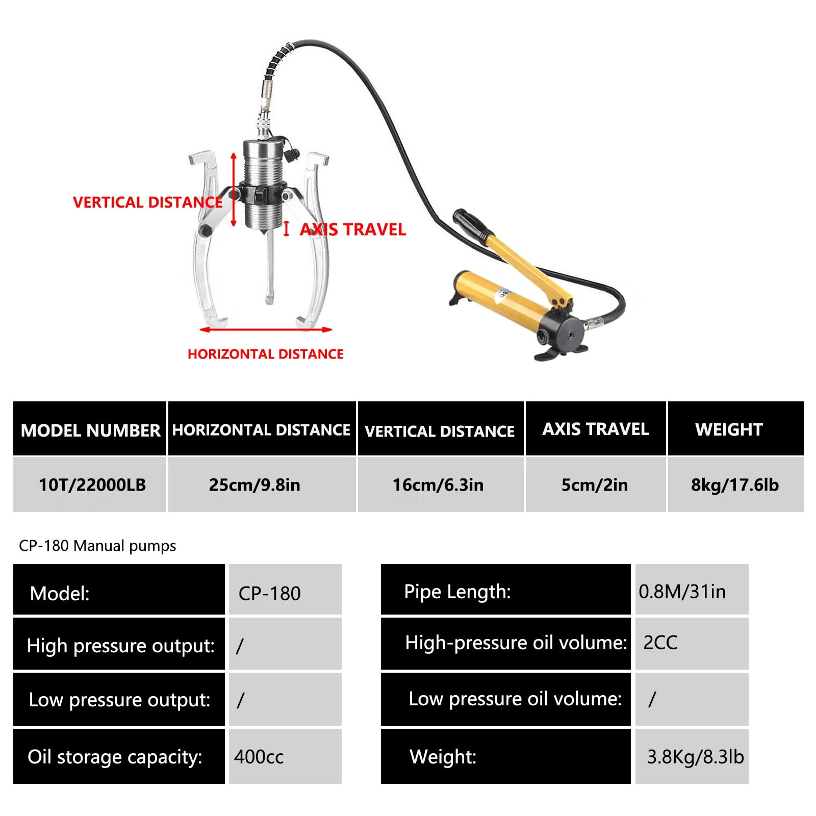 Hydraulic Gear Puller with Hand Pump, 5-50 Tons, 2 or 3 Jaws, for Separating Tools in Confined Spaces, Vertical and Horizontal Use