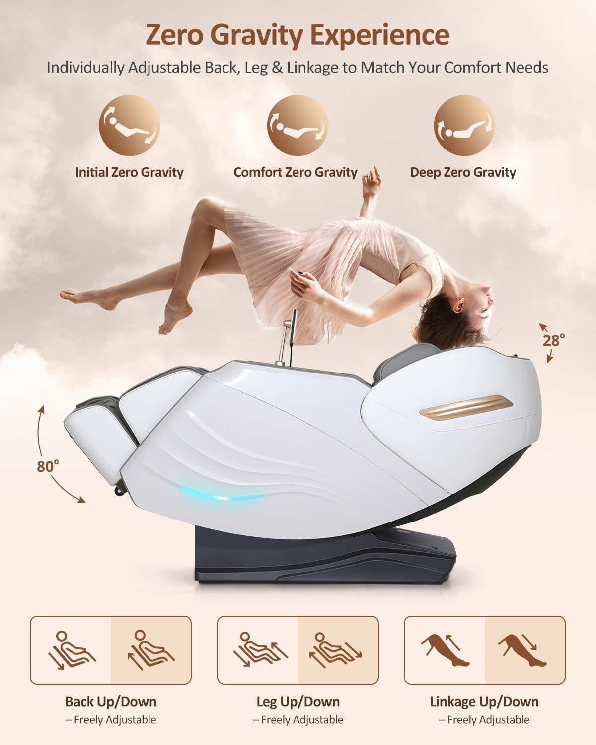 RELX Massage Chair Full Body, 20 Modes Zero Gravity SL-Track Shiatsu Massage Chair Built-in Heat System, Airbag Massage with Body Scan, Deep Yoga Stretch, Calfrest Extension and AI Control(Cream)