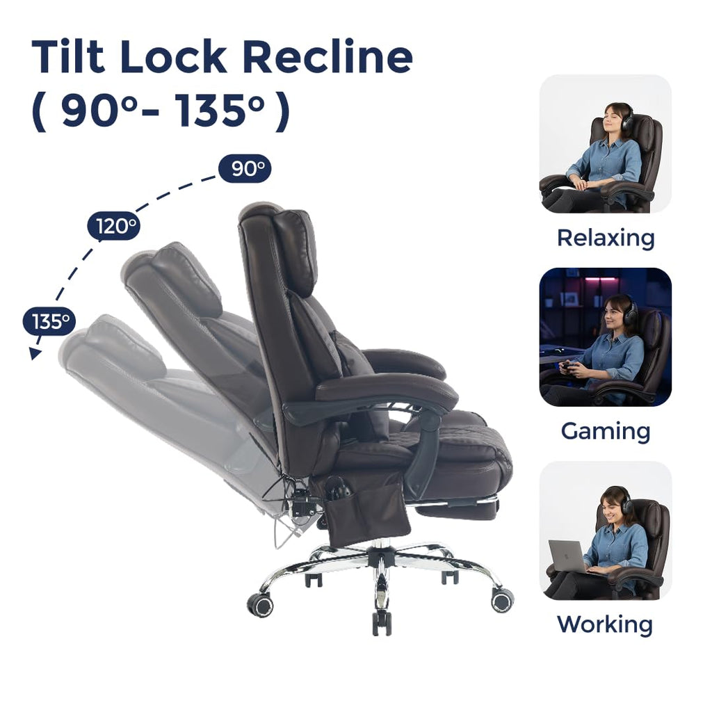 Ergonix Massage Office Chair with 2-Point Kneading & Heat | Reclining Ergonomic Executive Desk Chair | Adjustable Height Footrest Lumbar Support | 500 lbs Capacity | Dark Brown Leather