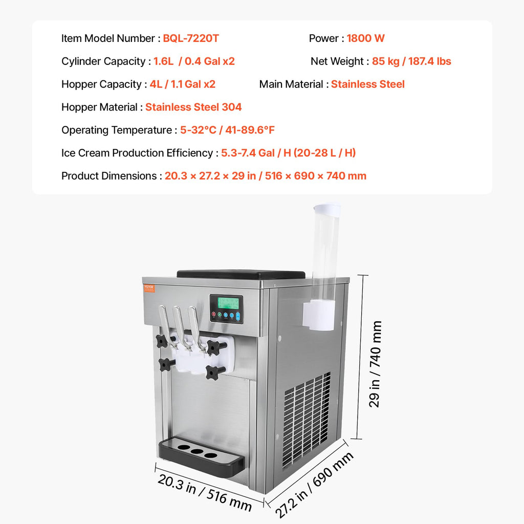 VEVOR Commercial Ice Cream Machine, 21 QT/H Soft Serve Ice Cream Maker with LCD Panel Auto Clean 3-Flavor Pre-cooling for Restaurant Snack Bar