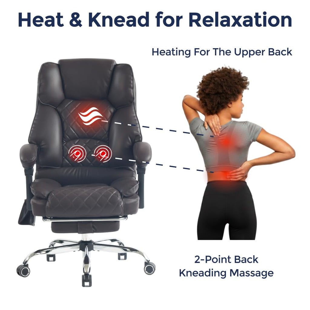 Ergonix Massage Office Chair with 2-Point Kneading & Heat | Reclining Ergonomic Executive Desk Chair | Adjustable Height Footrest Lumbar Support | 500 lbs Capacity | Dark Brown Leather