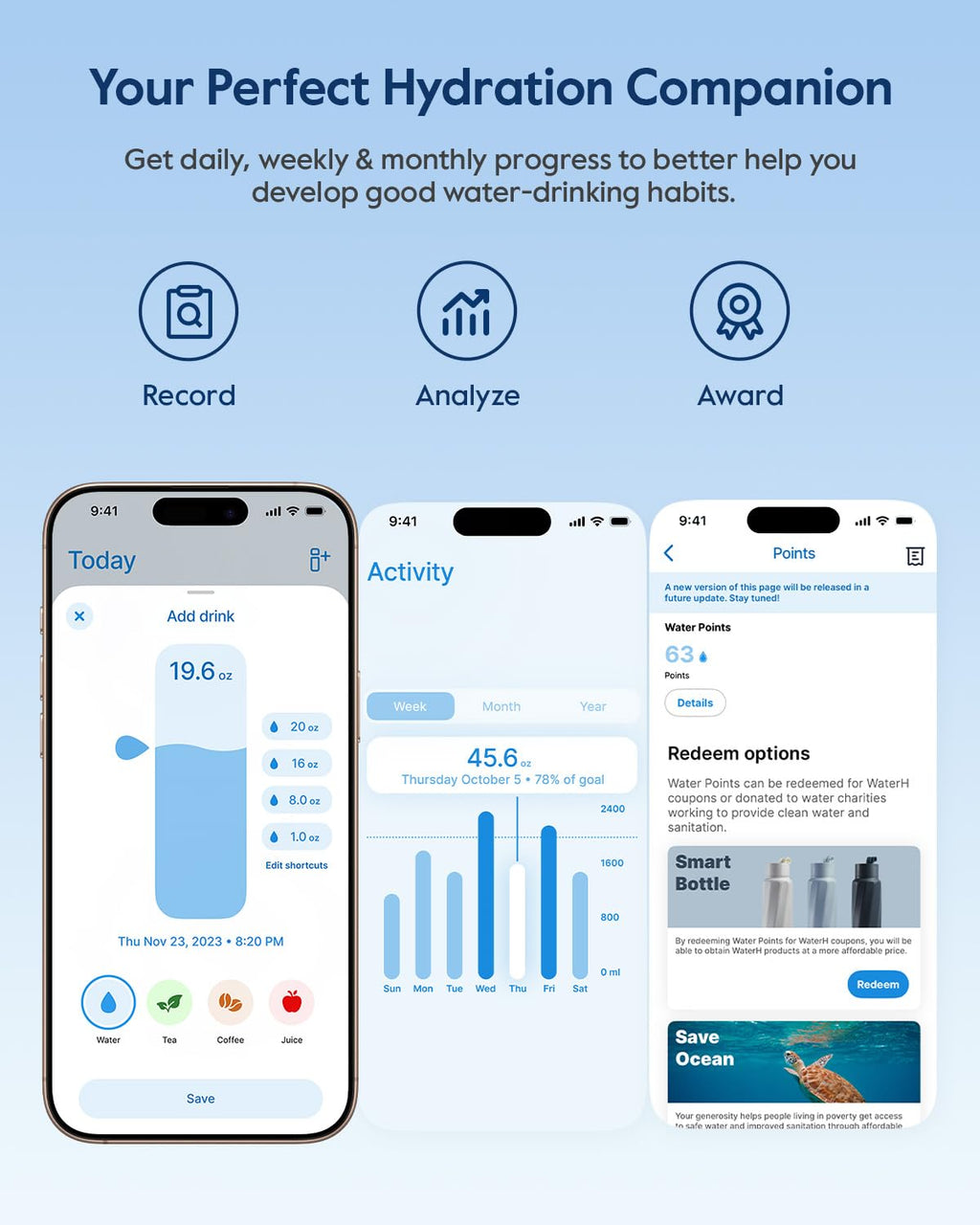 BOOST Smart Water Bottle that Reminds You to Drink, 24oz BPA-Free Stainless Steel Vacuum Insulated, Wide Mouth Water Tracker Bottle with APP for School, Gym, Office, Ideal for Father's Day