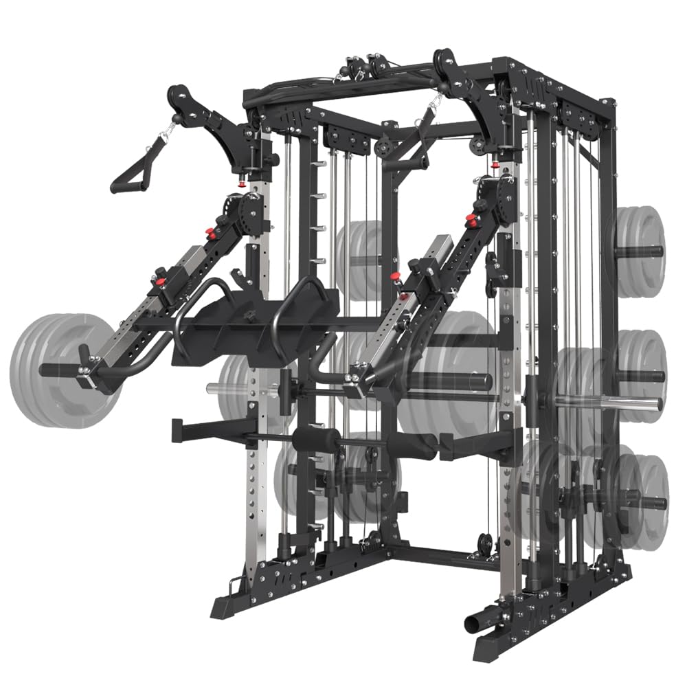 Commercial Smith Machine with Smith Bar, 4000LBS Power Cage Squat Rack with Lever Arm, Leg Press, LAT Pull Down System, Multi-Function Linear Bearing Cable Crossover Machine for Home Gym