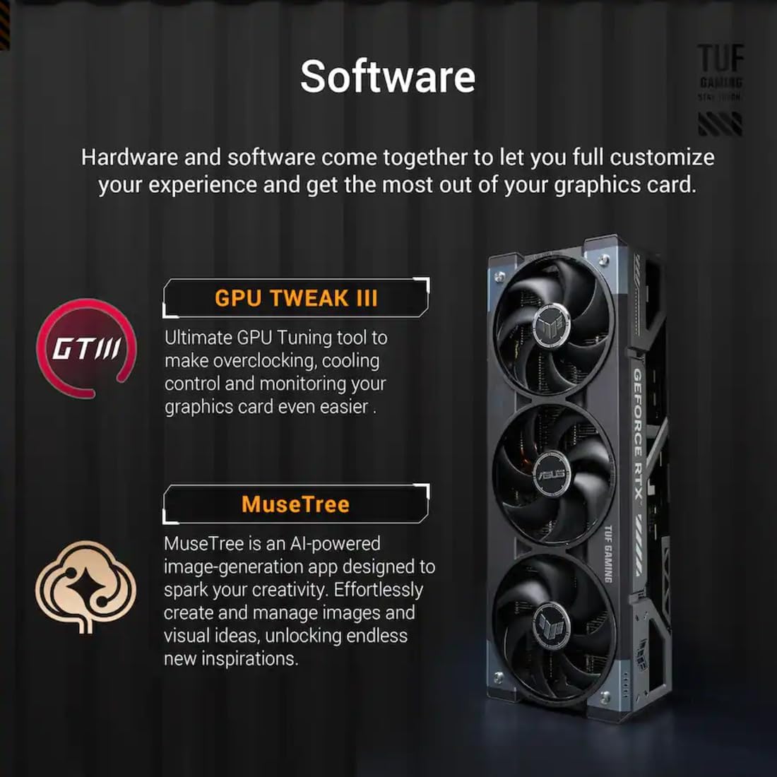 ASUS TUF Gaming GeForce RTX 5090 Triple Fan GPU, 32GB GDDR7, 3352 AI Tops, 28 Gbps, 512-bit, DLSS 4, AI Content Creation, Local LLM Inference, DP 2.1b x3, HDMI 2.1b x2, with GPU Holder