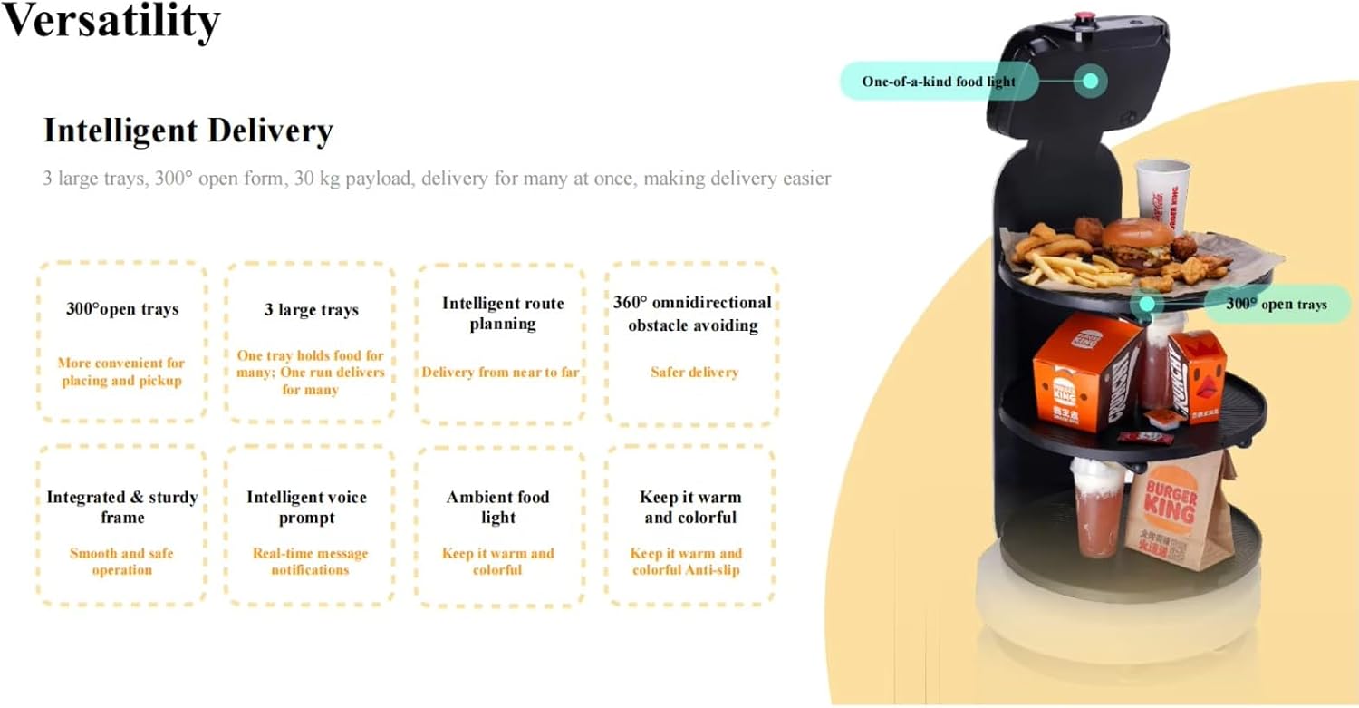 Smart Waiter Robot with 3D Full-View Obstacle Avoidance, Commercial Delivery Robot with Independent Scheduling, Quick Deployment for Restaurant KTV Hotel, Multi-Table Delivery & Recycle Function
