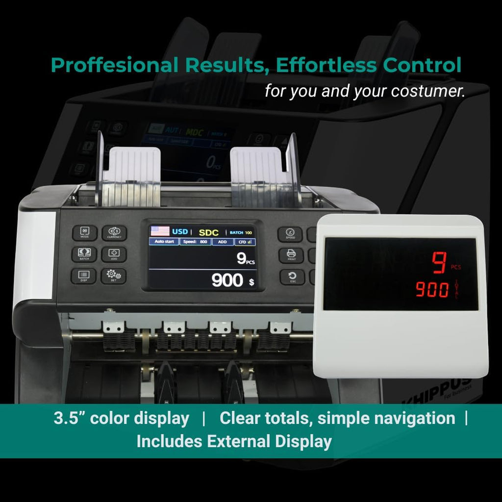Pro 6500 Money Counter Machine Mixed Denominations, Professional Value Counting, Counterfeit Detector, Serial Number Reader, Fast & Accurate Cash Counter with 2 Year Warranty