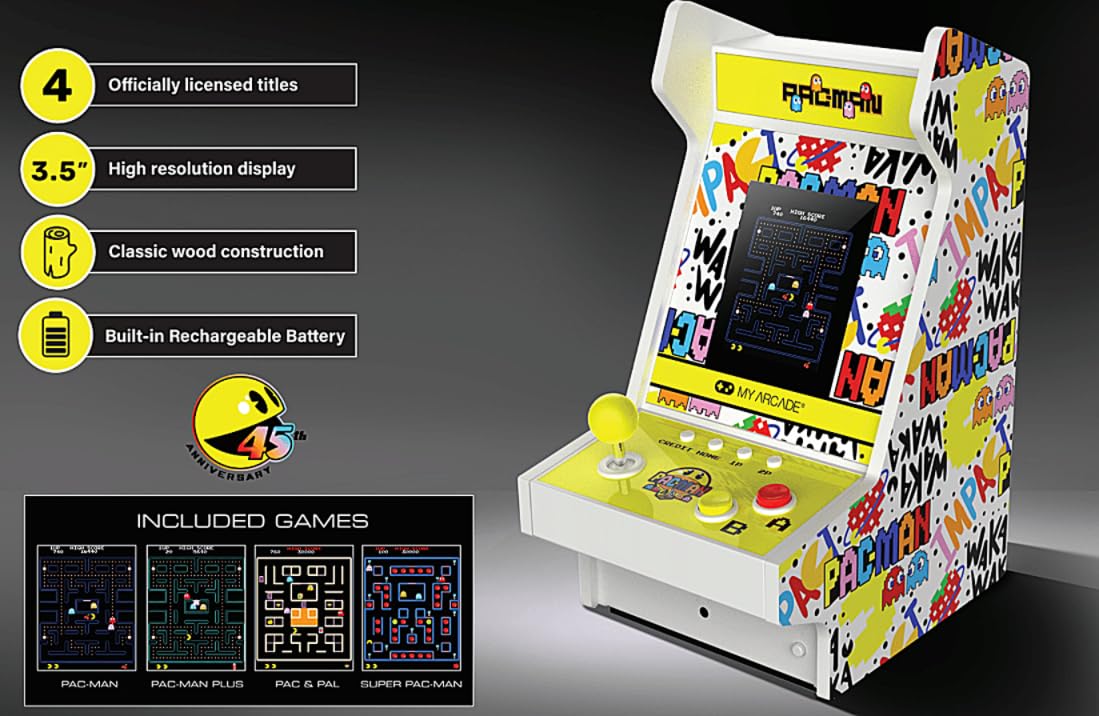 My Arcade Pac-Man Mighty Player: Retro Gaming, Countertop Arcades, Illuminated Marquee, 4 Games in 1, Rechargeable Battery, Classic Arcade Games