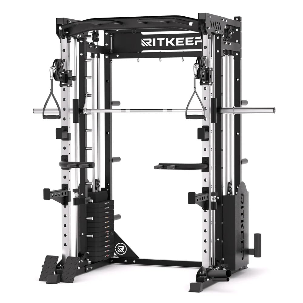 RitKeep PMAX-5600 Pro Heavy-Duty Smith Machine Squat Rack with 320 LB Weight Stacks, 6-in-1 Multi-Function Home Gym System, Dual Cable Crossover and 2000 LB Capacity for Full-Body Strength Training